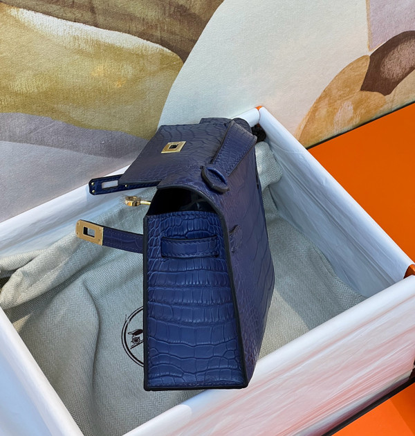 Hermes mini kelly Pochette Menthe Bleu Saphir Croco Alligator/ feather
