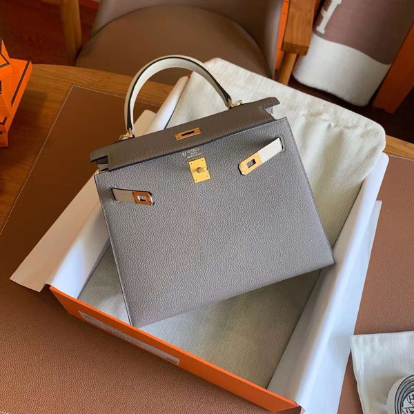 Hermès Special Order Gris Asphalte/Craie Kelly 25 Togo Leather Gold Hardware