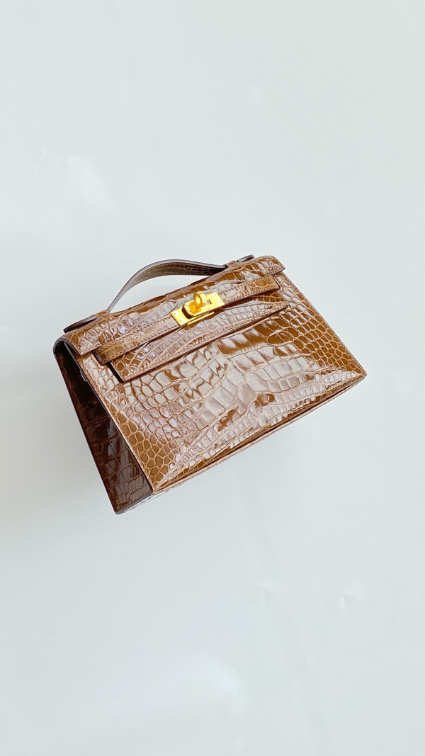 Hermès Kelly Pochette 17 Ficelle Shiny Alligator Gold Hardware