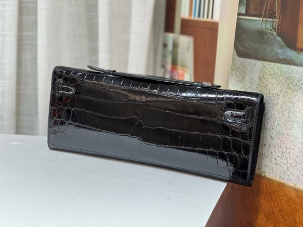 Hermes Kelly 31cm Black Cut Pochette Shiny Niloticus Croc Diamond Hardware