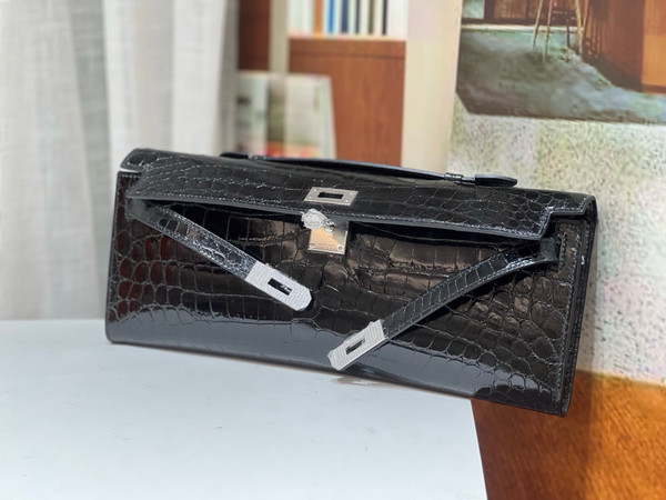 Hermes Kelly 31cm Black Cut Pochette Shiny Niloticus Croc Diamond Hardware