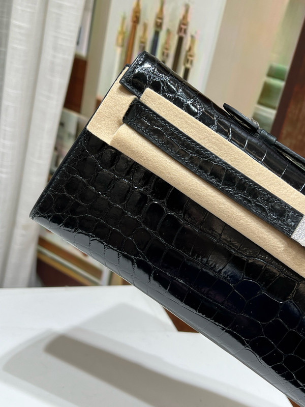 Hermes Kelly 31cm Black Cut Pochette Shiny Niloticus Croc Diamond Hardware