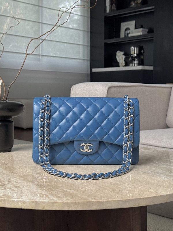 Chanel Large Classic Handbag Lambskin Blue 30 cm