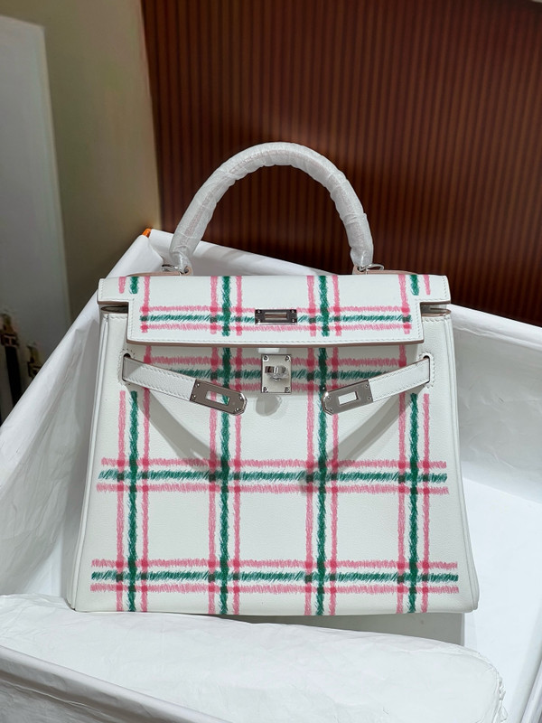 HERMES KELLY 25 TARTAN LIGHT SWIFT GRIS PALE / BUBBLEGUM / VERT MOYEN PHW