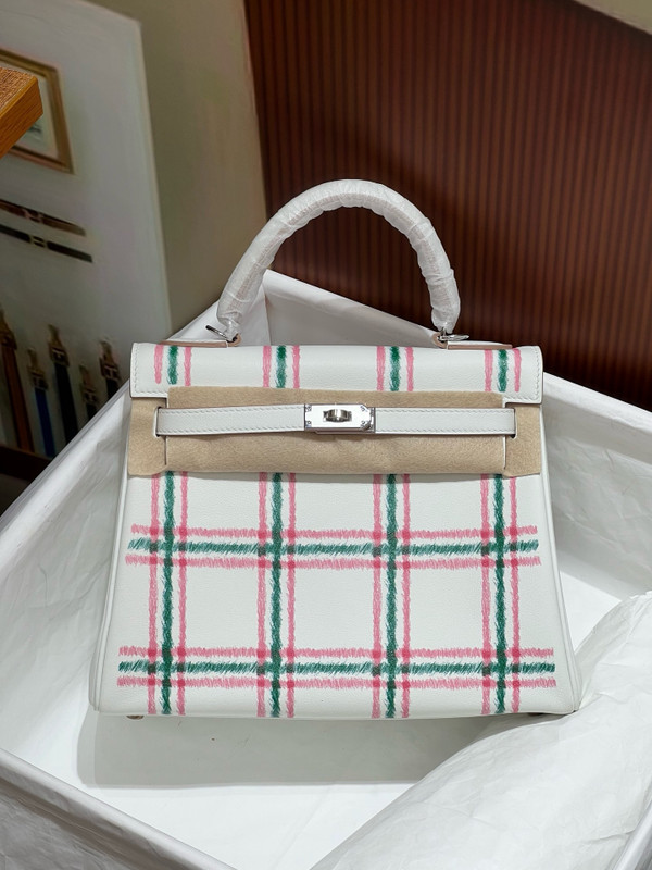 HERMES KELLY 25 TARTAN LIGHT SWIFT GRIS PALE / BUBBLEGUM / VERT MOYEN PHW