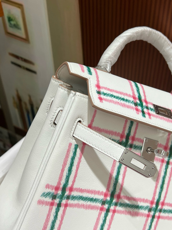 HERMES KELLY 25 TARTAN LIGHT SWIFT GRIS PALE / BUBBLEGUM / VERT MOYEN PHW