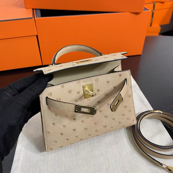 Hermès Kelly 20 Mini II Sellier Gris Trench Ostrich Gold Hardware