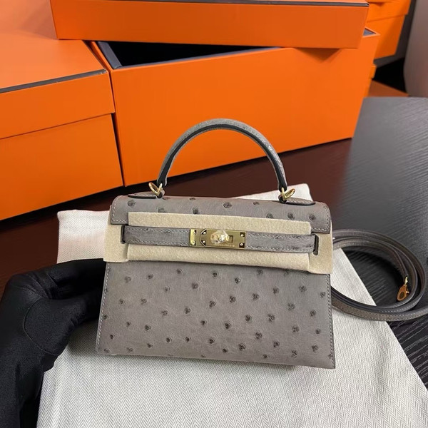 Hermès Kelly 20 Mini II Sellier Gris Tourterelle Ostrich Gold Hardware