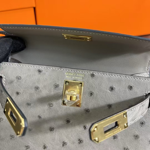 Hermès Kelly 20 Mini II Sellier Gris Tourterelle Ostrich Gold Hardware