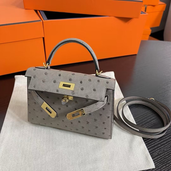 Hermès Kelly 20 Mini II Sellier Gris Tourterelle Ostrich Gold Hardware