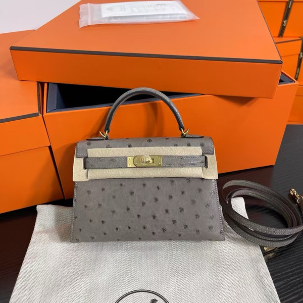 Hermès Kelly 20 Mini II Sellier Gris Tourterelle Ostrich Gold Hardware