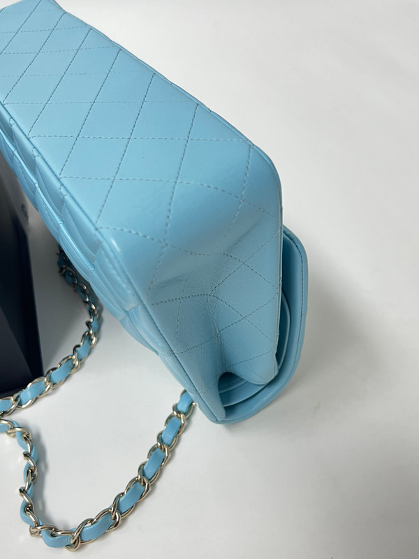 CHANEL Tiffany Blue Lambskin Leather Classic Double Flap 2.55 Shoulder Bag With Gold Hardware