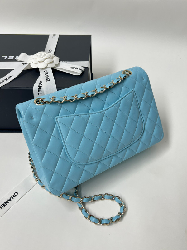 CHANEL Tiffany Blue Lambskin Leather Classic Double Flap 2.55 Shoulder Bag With Gold Hardware