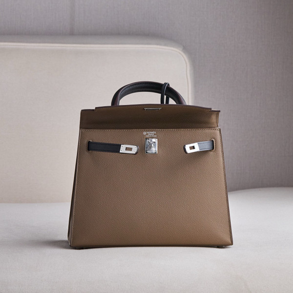 Hermes Special Order Horseshoe Black/Etoupe  Kelly 25 cm Epsom Palladium  Hardware