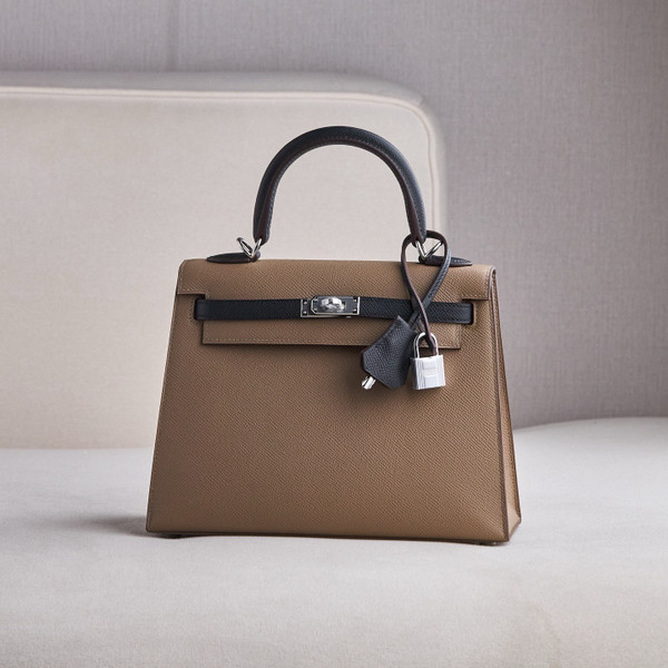Hermes Special Order Horseshoe Black/Etoupe  Kelly 25 cm Epsom Palladium  Hardware