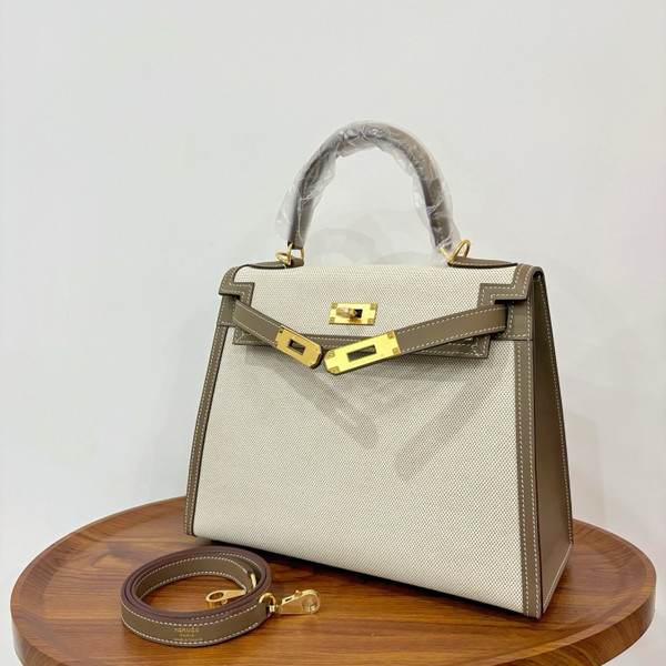Hermes Sac Kelly Sellier 28 Toile H/Veau Swift Ecru Etoupe With Gold Hardware