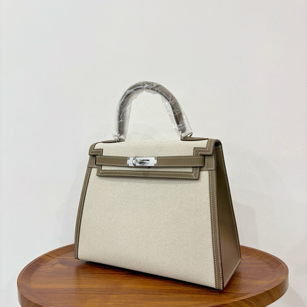 Hermes Sac Kelly Sellier 28 Toile H/Veau Swift Ecru Etoupe With Palladium Hardware