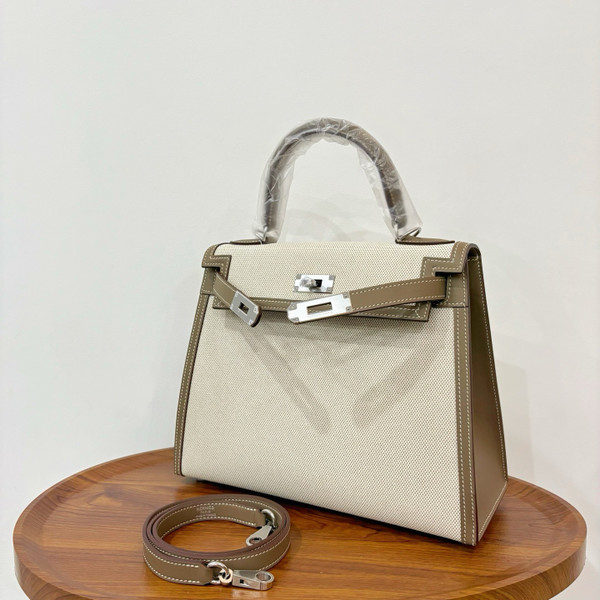 Hermes Sac Kelly Sellier 28 Toile H/Veau Swift Ecru Etoupe With Palladium Hardware