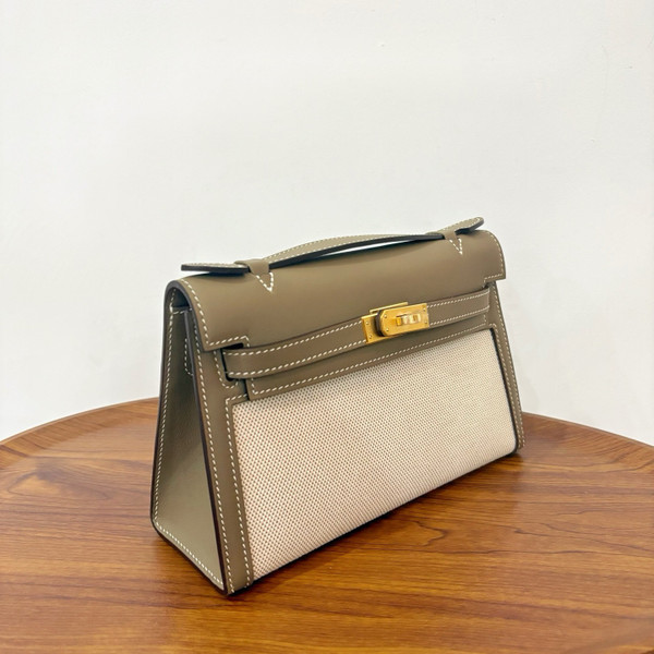 Hermès Limited Edition Mini Kelly Pochette Etoupe Swift leather/ Toile  Gold hardware