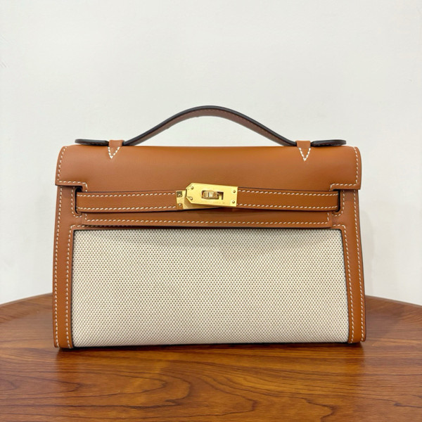 Hermès Limited Edition Mini Kelly Pochette Gold Swift leather/ Toile  Gold hardware