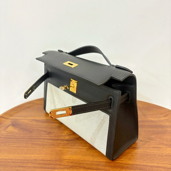 Hermès Limited Edition Mini Kelly Pochette Black Swift leather/ Toile  Gold hardware