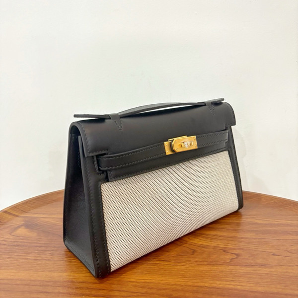 Hermès Limited Edition Mini Kelly Pochette Black Swift leather/ Toile  Gold hardware