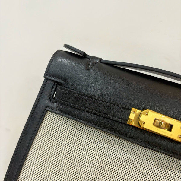 Hermès Limited Edition Mini Kelly Pochette Black Swift leather/ Toile  Gold hardware
