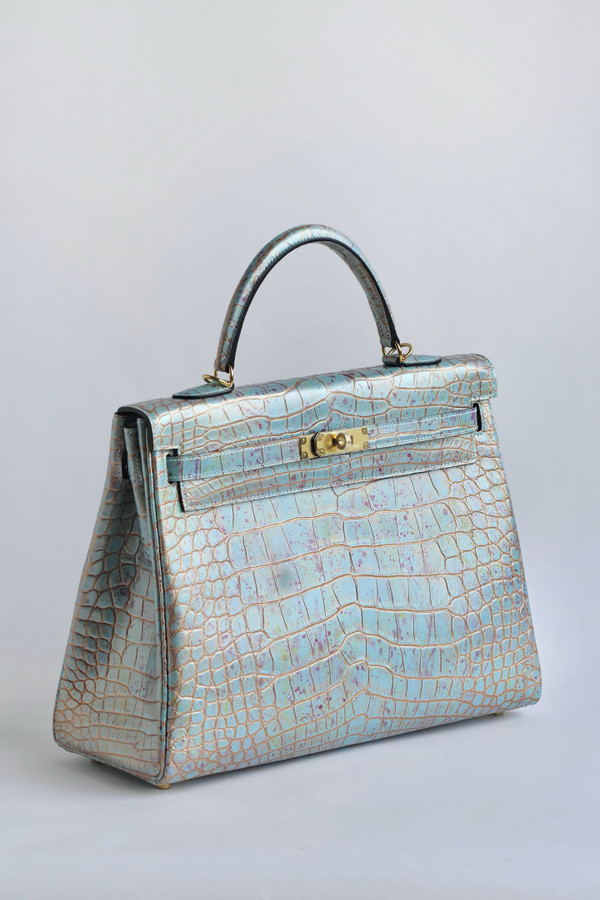 Hermes SAC KELLY VERT D'EAU RETOURNÉ 35 EN ALLIGATOR GOLD HARDWARE, ÉDITION LIMITÉE