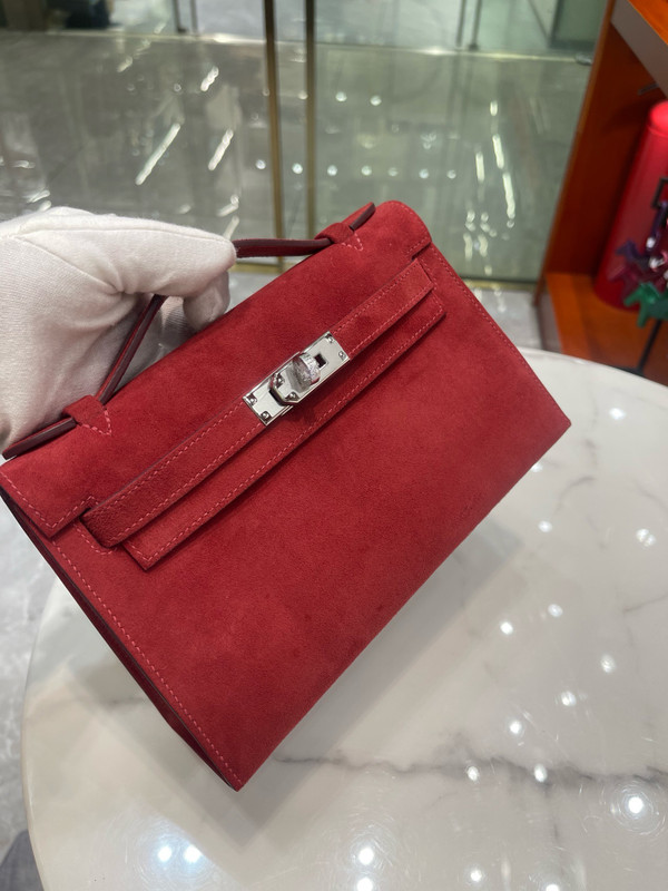 Hermes Mini Kelly Pochette Ruby Deerskin with Palladium Hardware