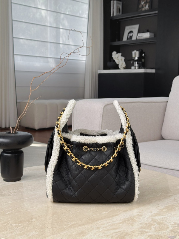 CHANEL Limited Edition 25 Small Black Handbag  Crumpled Shearling Sheepskin