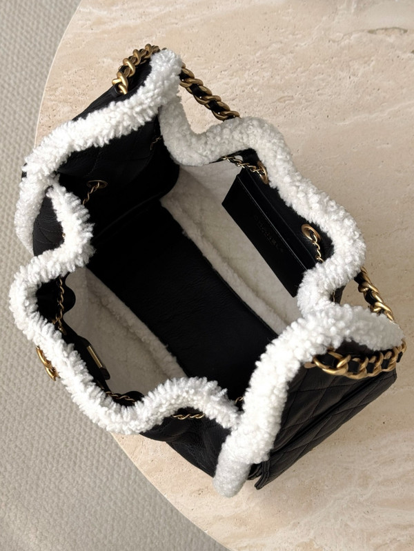 CHANEL Limited Edition 25 Small Black Handbag  Crumpled Shearling Sheepskin