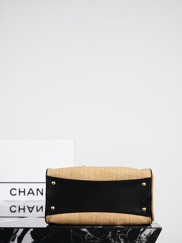 CHANEL SMALL 25 HOBO BAG Beige Raffia & Black Calfskin | Antique Gold Hardware
