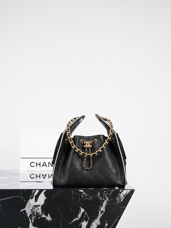 CHANEL SMALL 25 HOBO BAG Black Raffia & White Calfskin | Antique Gold Hardware