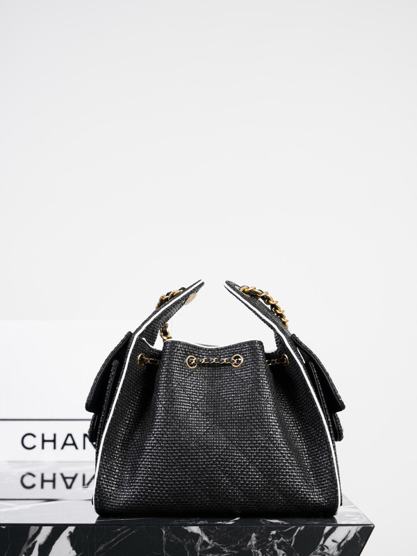 CHANEL SMALL 25 HOBO BAG Black Raffia & White Calfskin | Antique Gold Hardware