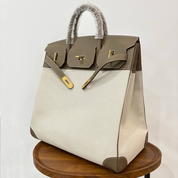 Hermes Birkin HAC 40cm Swift Leather and Canvas Travel Bag (Etoupe Grey, Gold Hardware)