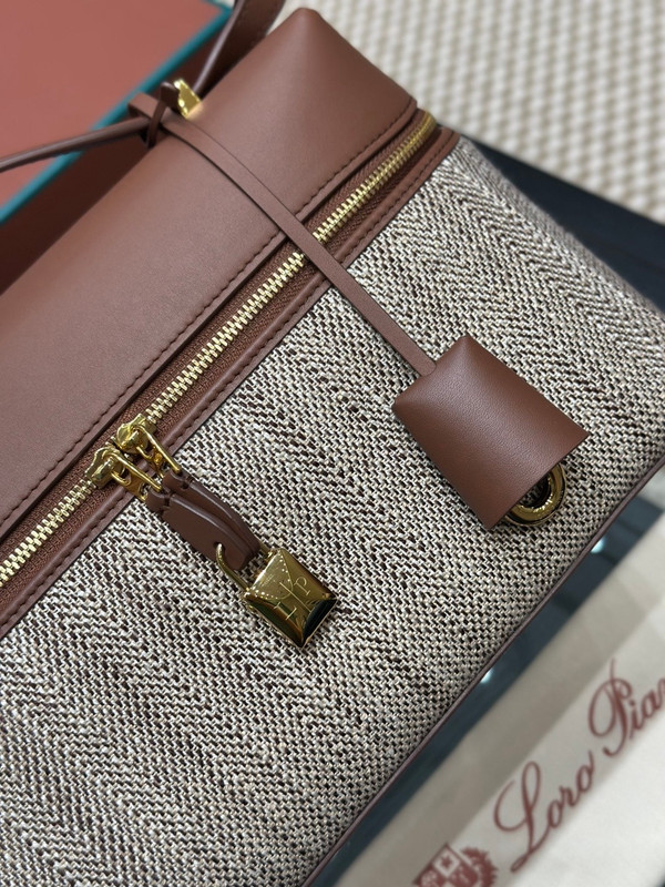 Loro Piana Extra Bag L27 Herringbone Linen Silk Brown Leather Trim