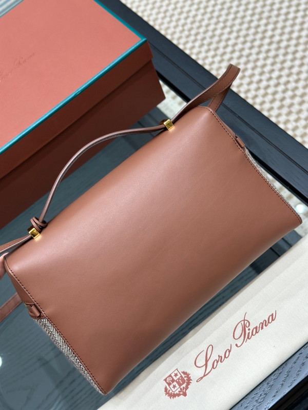 Loro Piana Extra Bag L27 Herringbone Linen Silk Brown Leather Trim
