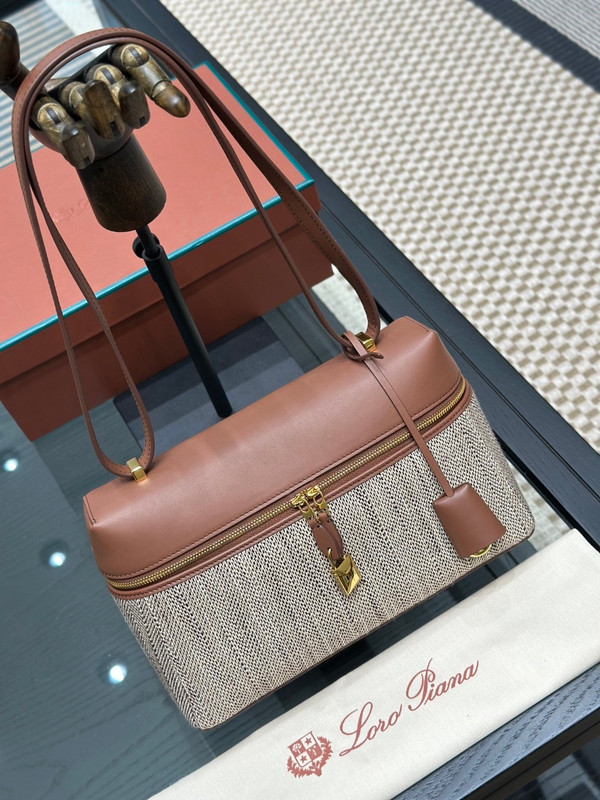 Loro Piana Extra Bag L27 Herringbone Linen Silk Brown Leather Trim