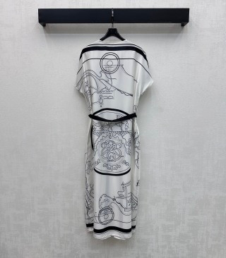 Silk Printed Belted Shirt Dress – Artistic Line Pattern