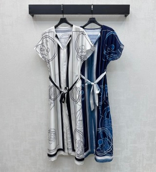 Silk Printed Belted Shirt Dress – Artistic Line Pattern