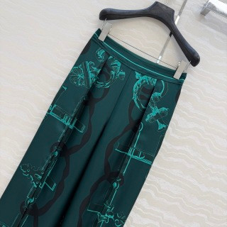 Hermes 26 Early Spring Chain Link Pattern Silk Wide Leg Pants - Green