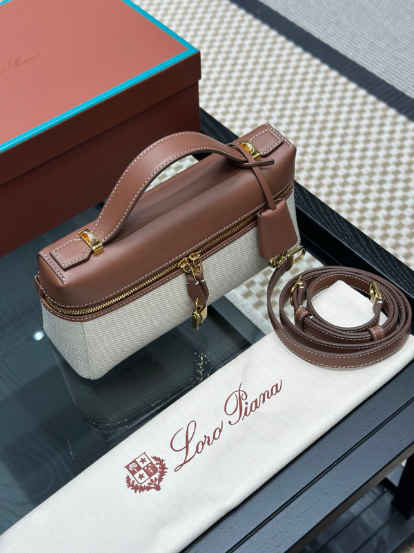 Loro Piana Extra Bag L27 Canvas and Brown Leather