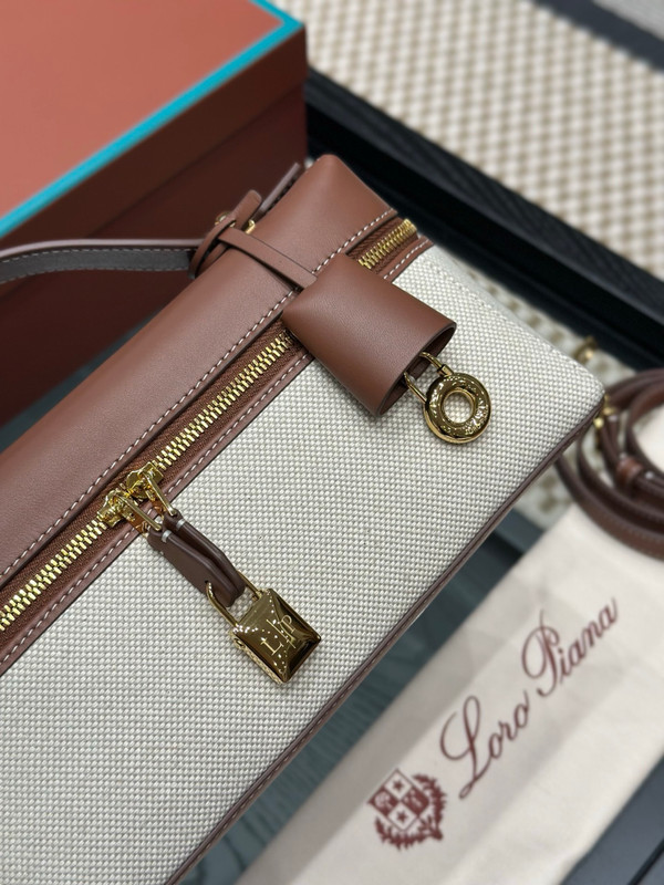 Loro Piana Extra Bag L27 Canvas and Brown Leather