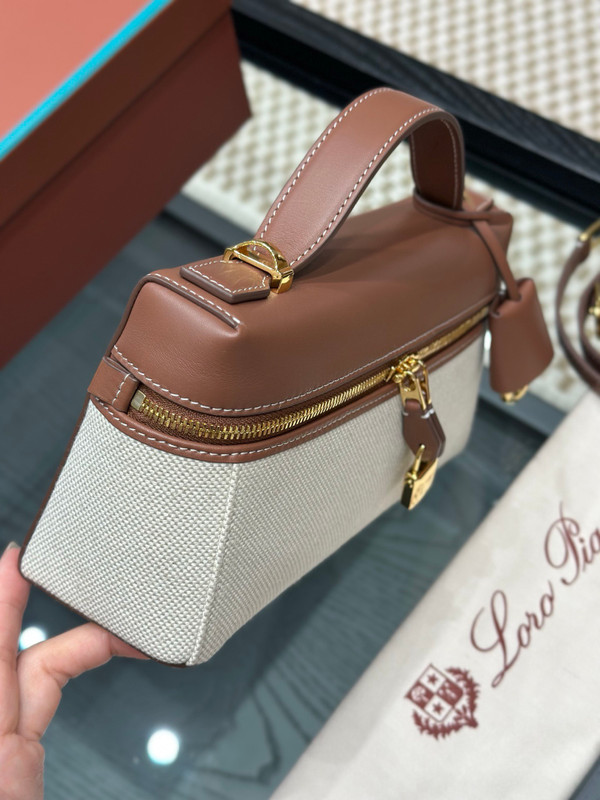Loro Piana Extra Bag L27 Canvas and Brown Leather