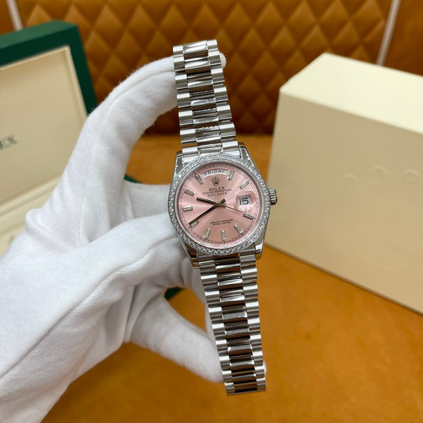 ROLEX DAY-DATE 36 18k White Gold | Pink Baguette Diamond Dial | President Bracelet