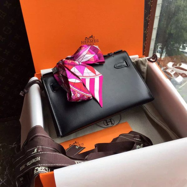 Hermès Black Mini Kelly Pochette Box Calf Leather Gold Hardware