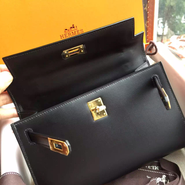 Hermès Black Mini Kelly Pochette Box Calf Leather Gold Hardware