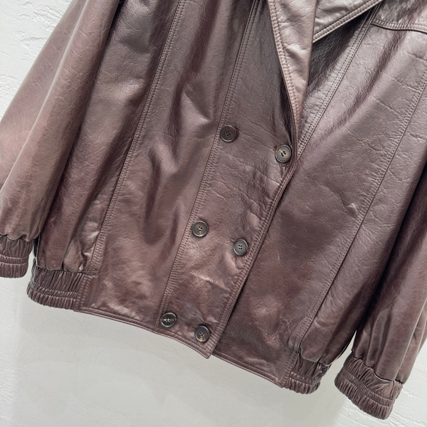 Brunello Cucinelli Spring 2026 Double-Breasted Nappa Leather Jacket - Dark Maroon
