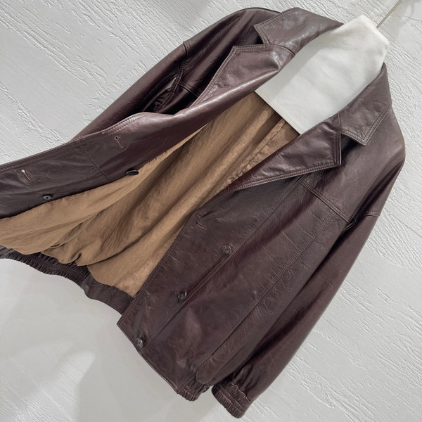 Brunello Cucinelli Spring 2026 Double-Breasted Nappa Leather Jacket - Dark Maroon