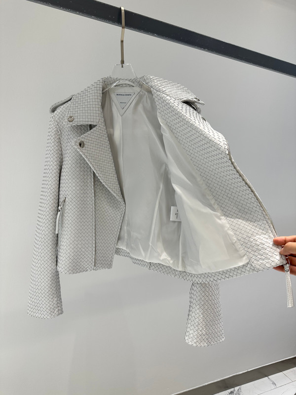 Bottega Veneta Intrecciato Woven Leather Moto Jacket - White